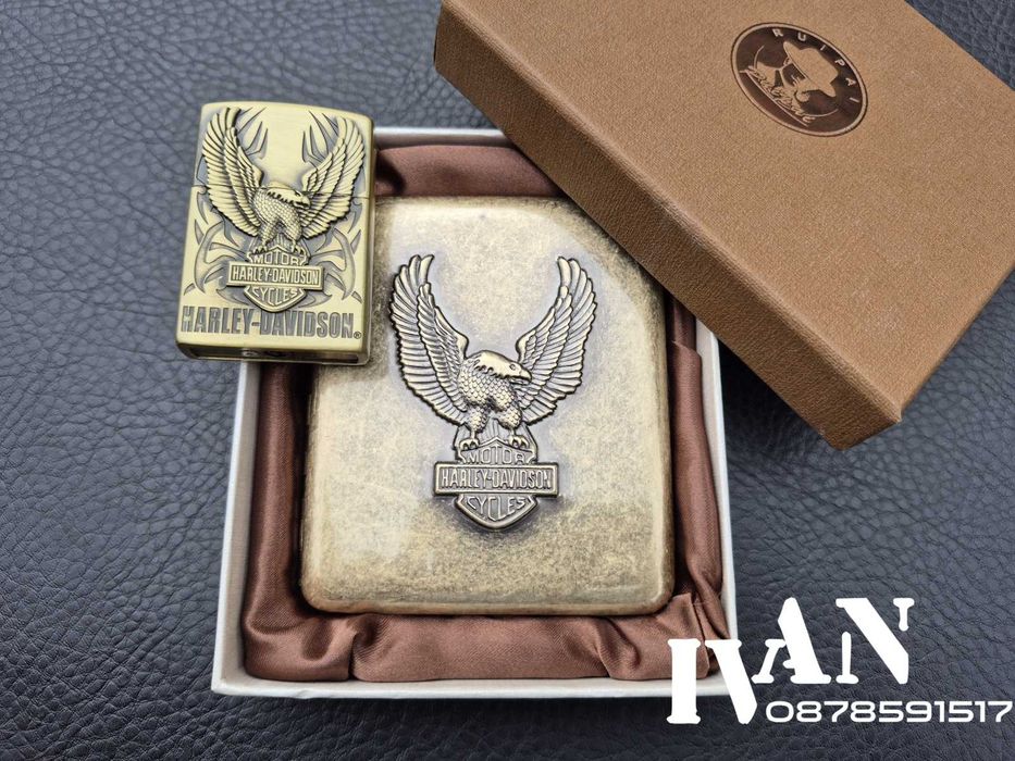 Табакера и газова запалка от месинг Harley Davidson