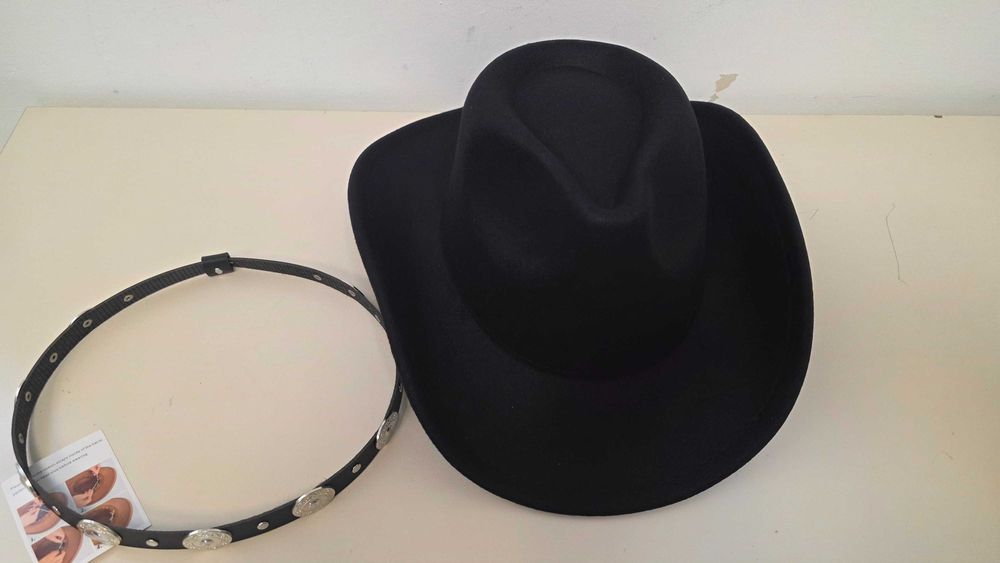Pălărie cowboy western unisex cu bandă decorativă detașabilă – Negru M