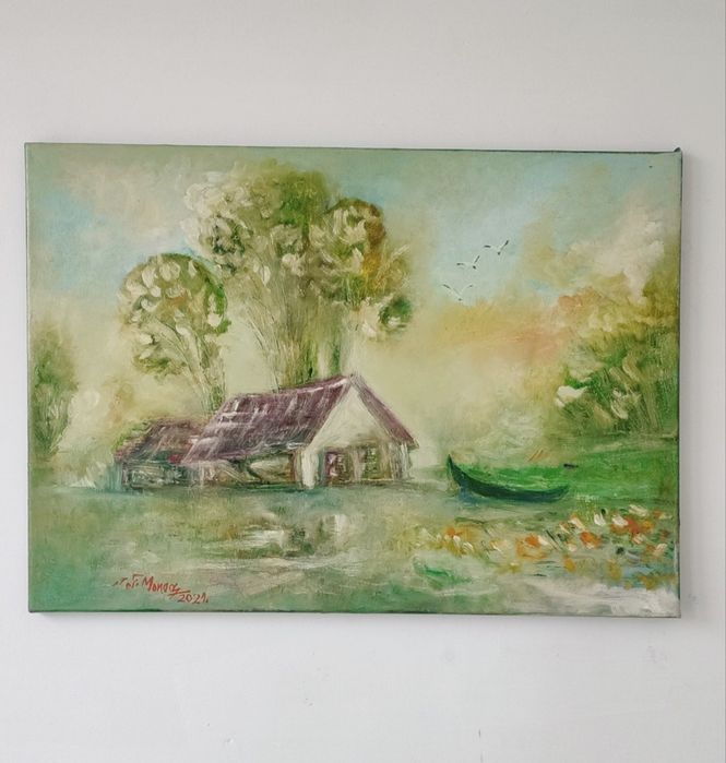 Tablou pictură ulei pe pânză „Casa de lângă lac" – semnat, 2021