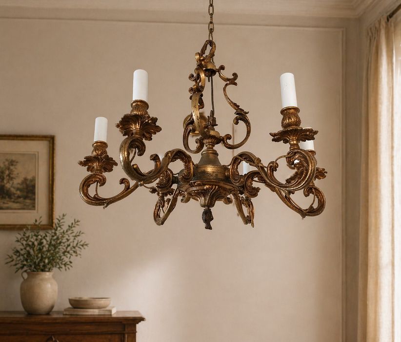 Candelabru francez în stilul Louis din bronz masiv de dimensiuni mari cu 6 brațe ,piesa cu o lucrătură deosebita foarte masiv dimensiuni 60 cm in diam