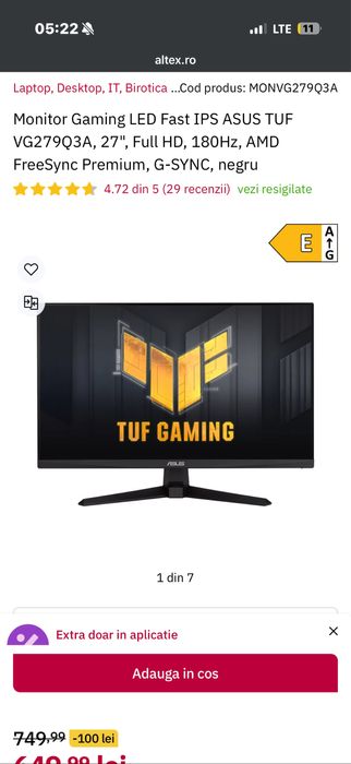 Monitor Asus Tuf Gaming, 27”, 180hz
