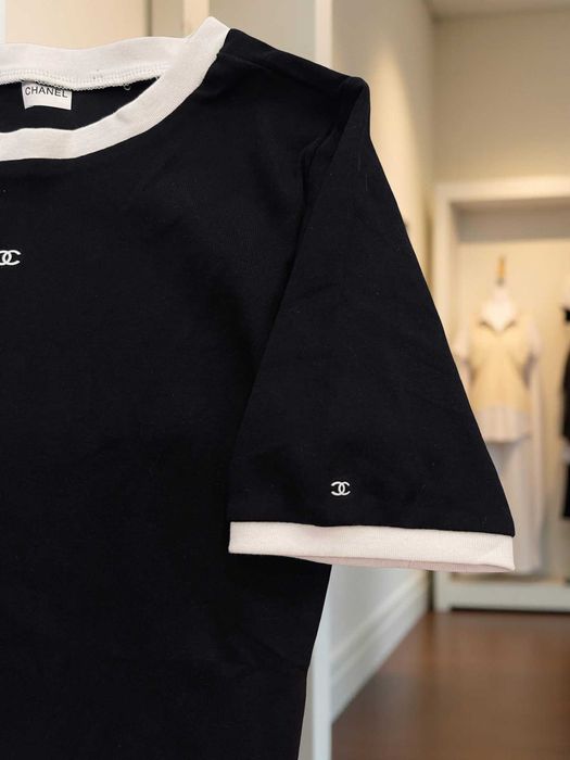 SALE шанел тениска черна памук блуза къс ръкав риза chanel топ