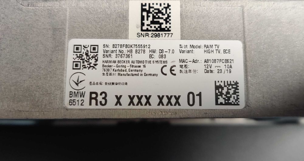 Modul audio RAM BMW B278 HW D3-7.0 High TV G01 G05 G16 G20 G30 G80 G82