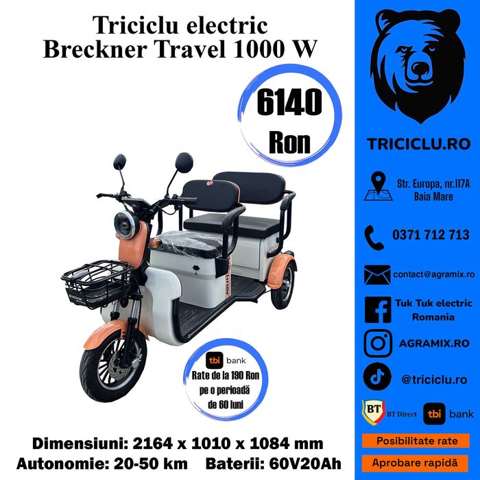 Triciclu electric tuk tuk omologabil Breckner Travel-2 nou Agramix