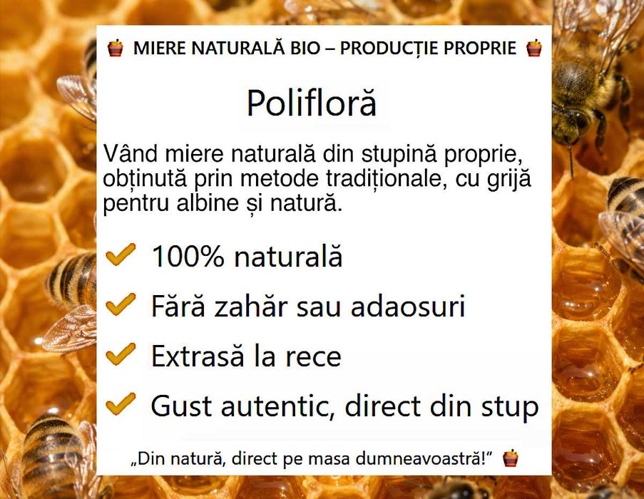 Vând MIERE DE ALBINE naturală POLIFLORA, producție proprie 2026