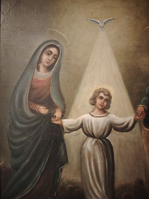 Pictură religioasă cu Fecioara Maria, Pruncul Iisus și Sfântul Iosif,rama din lemn masiv cu o deosebită sculptură, dimensiuni 95 cm cu 75