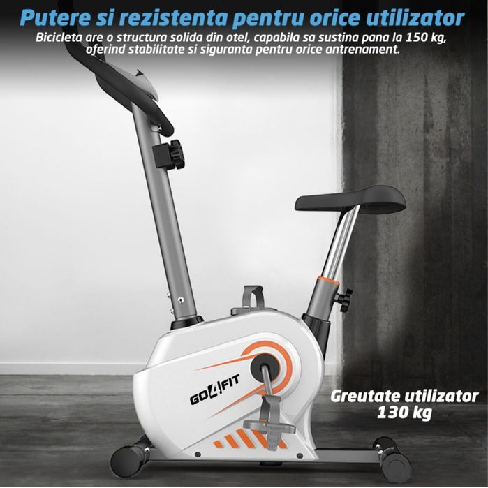 Bicicleta Magnetica Fitness GO4FIT®, Model GF100, Volanta 3 kg, 8 Niveluri Intensitate, Greutate Maxima 130 kg