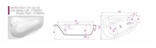 Cada de baie, colt Mistika 150x100cm, Dreapta