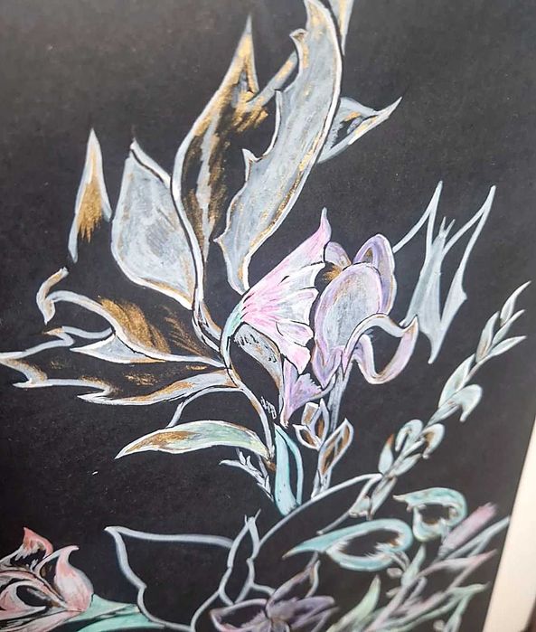 Tablou original floral, accente aurii, înrămat 50x60 cm