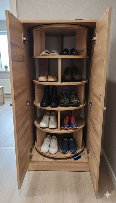 Деревянный обувной шкаф с вращающимися полками.