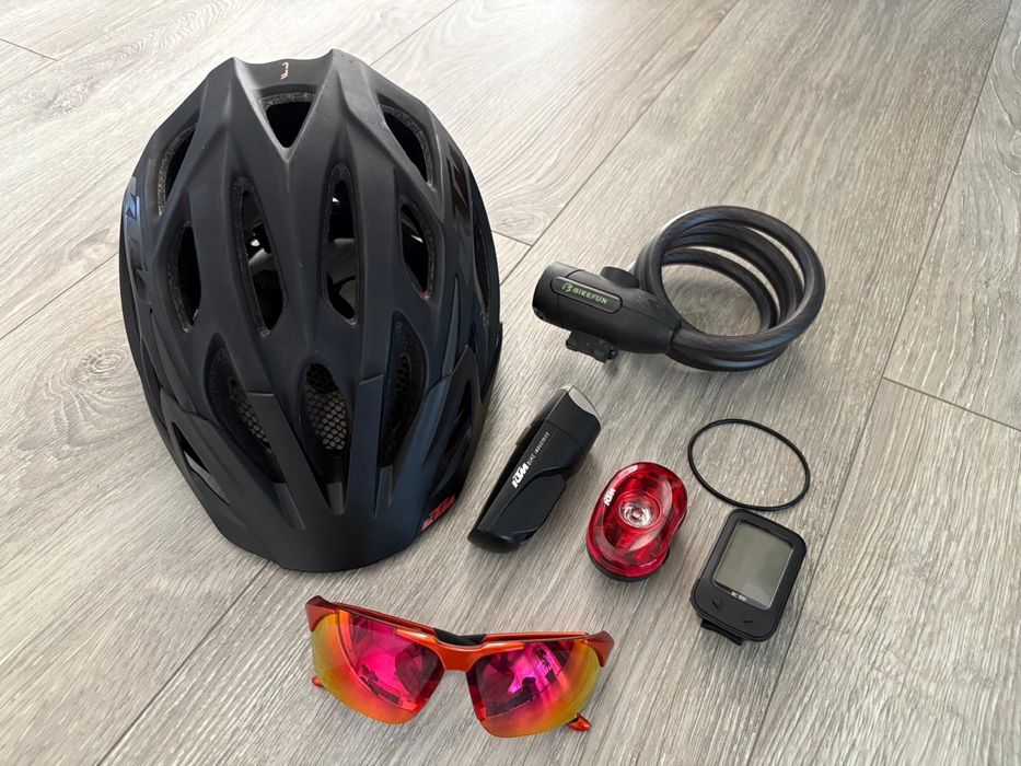 Pachet accesorii bicicletă – cască KTM + lumini față/spate + ciclocomputer + antifurt