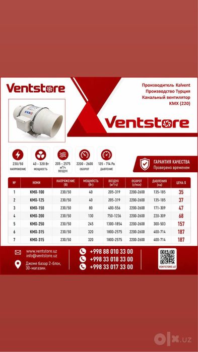 Канальный вентилятор KVS KMX 100-315 Турция для вытяжки 220В