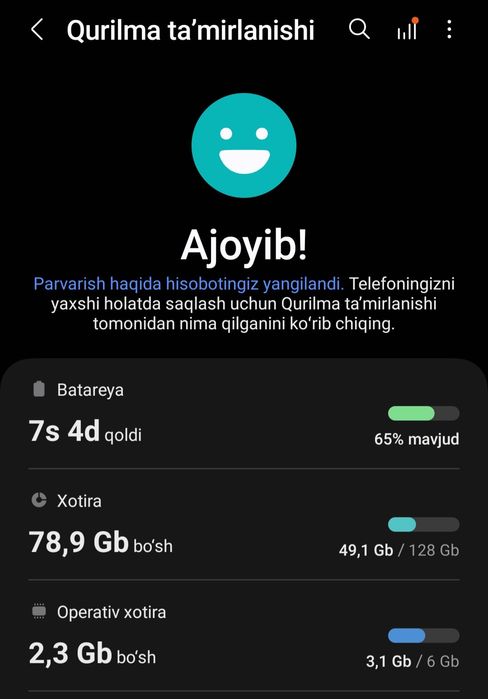 Telefon nomi : samsung a 51. Xotirasi 128/6 gb.