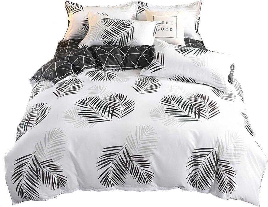 Мек и приятен спален комплект 180x220 бял с черни листа 4 части