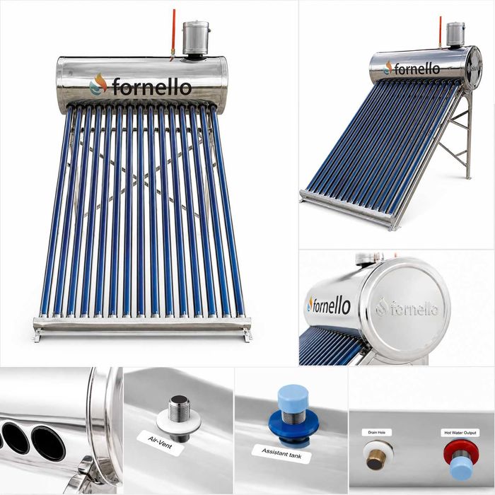 Panou solar nepresurizat Fornello, rezervor inox 122 litri, 15 tuburi