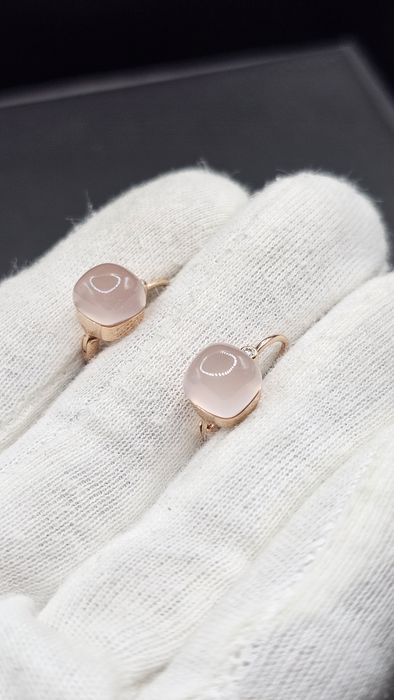 Златни обеци 14К с естествен розов кварц и диаманти | 3.90 гр