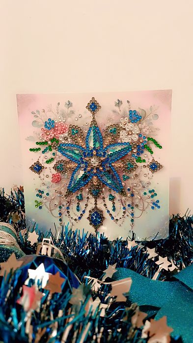 Felicitare de Crăciun Mozaic cu Diamante Model Floral cu Stea Albastră