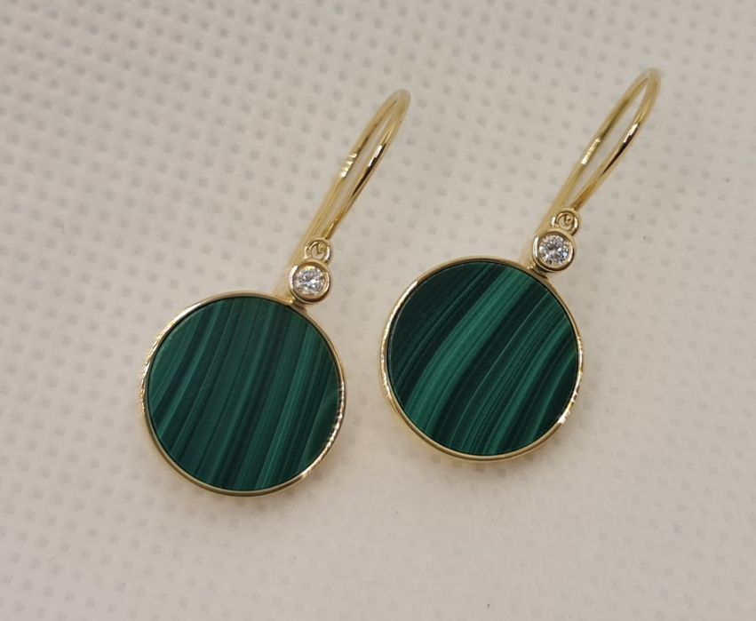 Cercei aur 14k diamante malachit natural