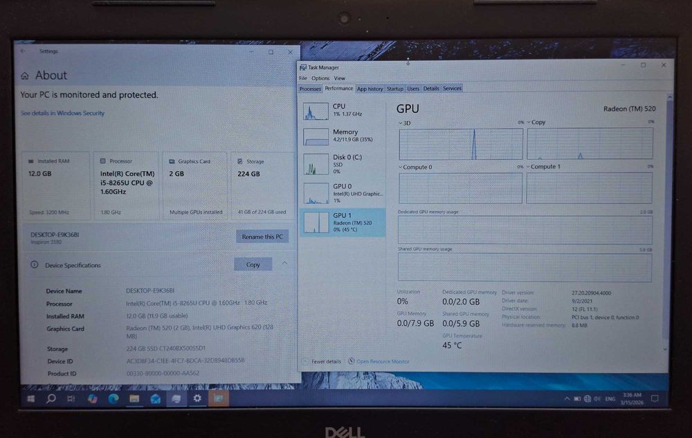 15.6' Dell Intel Core i5-8265u/12GB/AMD Radeon 520 2GB GDDR5/256GB SSD