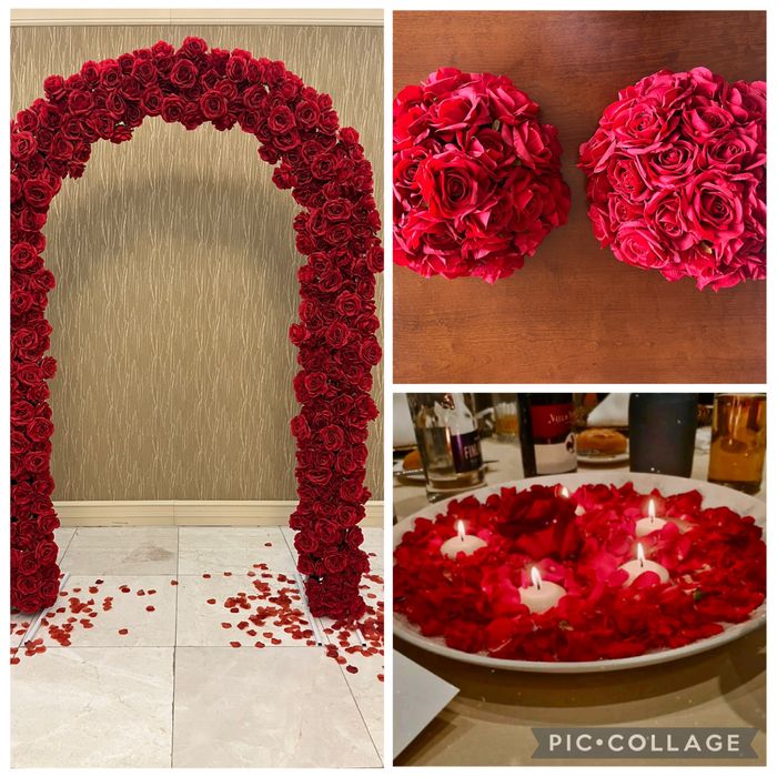 Украса за сватба арка с червени рози, стойка, статив, свещници, плата