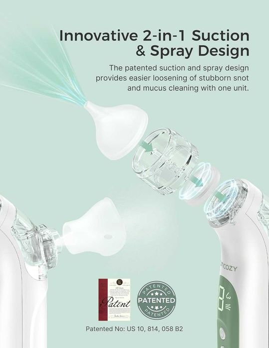 Momcozy BreezyClear™ 2-в-1 електрически назален аспиратор за бебета със спрей, 65kPa засмукване