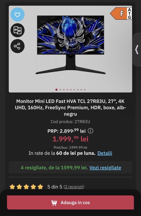 Monitor TCL MiniLed 27" 4K 160hz