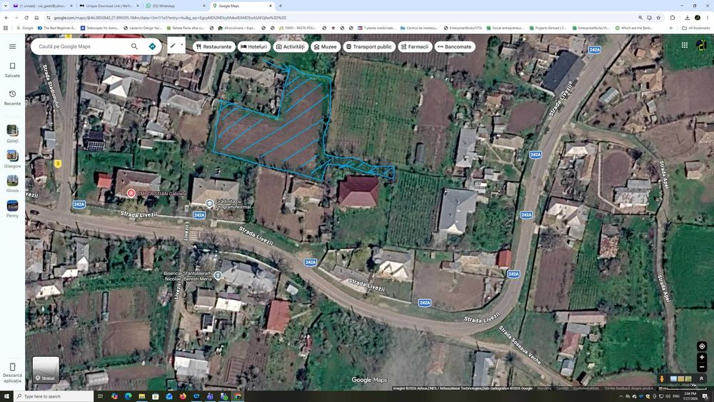 Teren intravilan în centrul comunei Berești Meria, jud. Galați, 2540 mp (în spatele fostului dispensar)