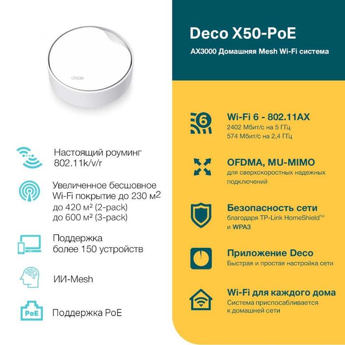 Wi-FI Роутер 	TP-Link	Deco X50-PoE(1-pack)