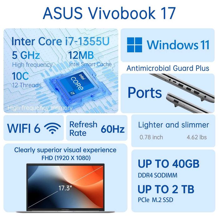 2025! ASUS Vivo 17" IntelCore i7-13gen/32GB/1TB SSD/17.3 Antibacterial