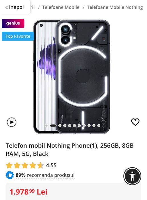 Telefon mobil Nothing Phone(1), 256GB, 8GB RAM, 5G, Black, NOU