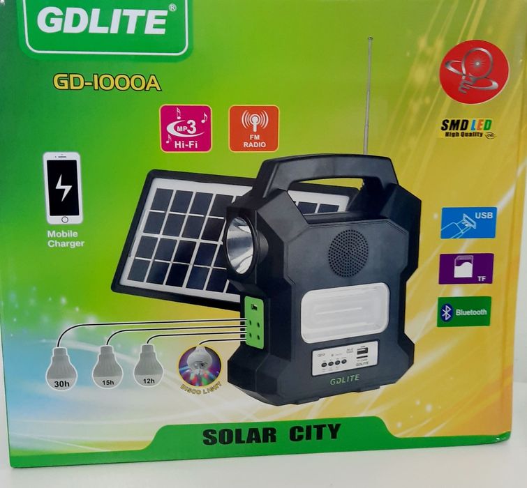 Kit solar portabil Gdlite GD 1000A bluetooth USB MP3 Radio FM 4 becuri