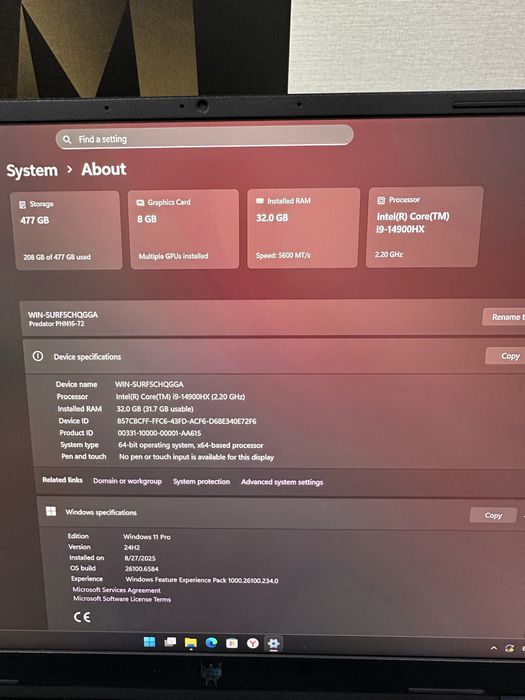 мощный i9 ноутбук, 32-ядра, 8Gb RTX 4060 Acer Predator Helios Neo 16