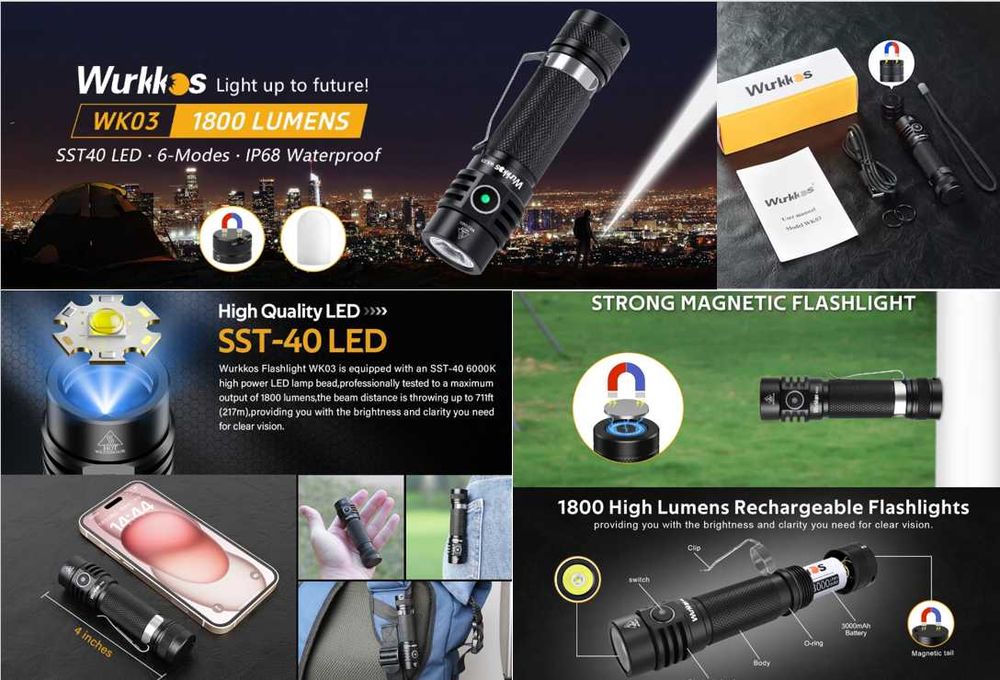 Високомощен Тактически Фенер Sofirn SC18 EDC Wurkkos WK03 1800LM Luminus SST40 LED IP68 18650 ATR TIR Оптика 90° Лъч 55грама 6061 Арокосмически Клас