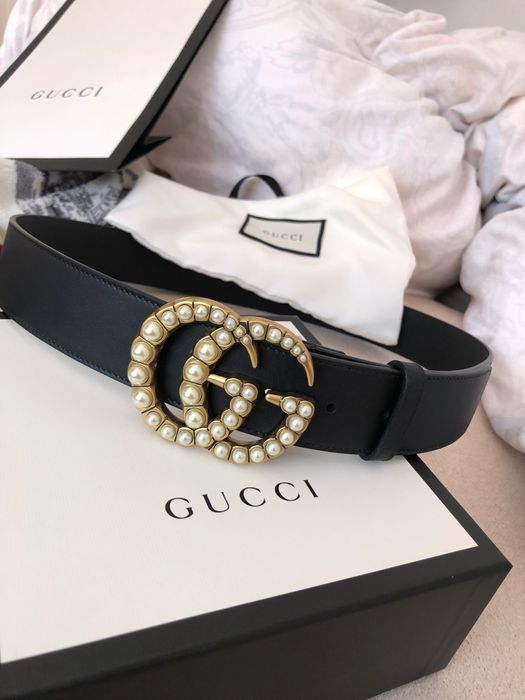 Curea originala Gucci Black Leather Belt With Pearl Double G Buckle