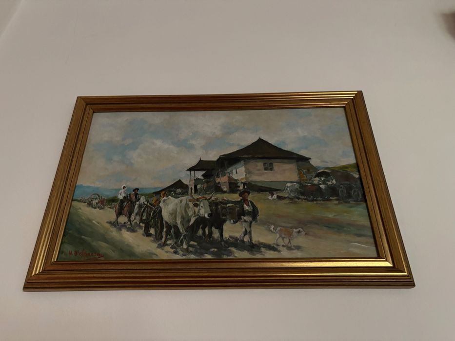 Tablou original în ulei, Un Car cu boi