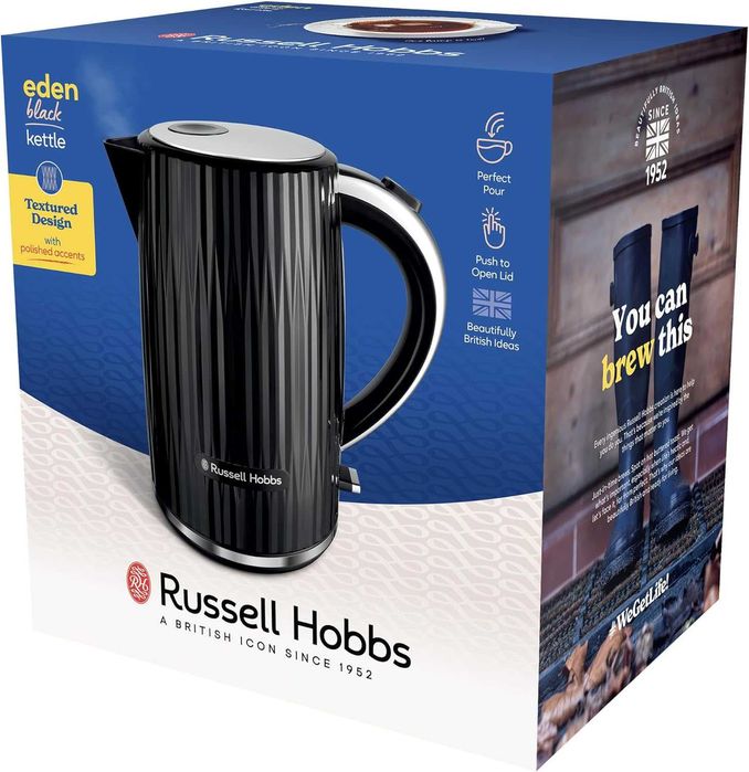 Кана Russell Hobbs Eden RHK2736BLK текстуриран дизайн, капак, отварящ се с натискане, основа въртяща се на 360° прозорец за вода с манометър 1,7 л