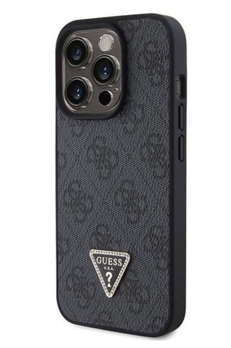 Калъф Guess - Strass Triangle Metal Logo, iPhone 15 Pro Max, черен