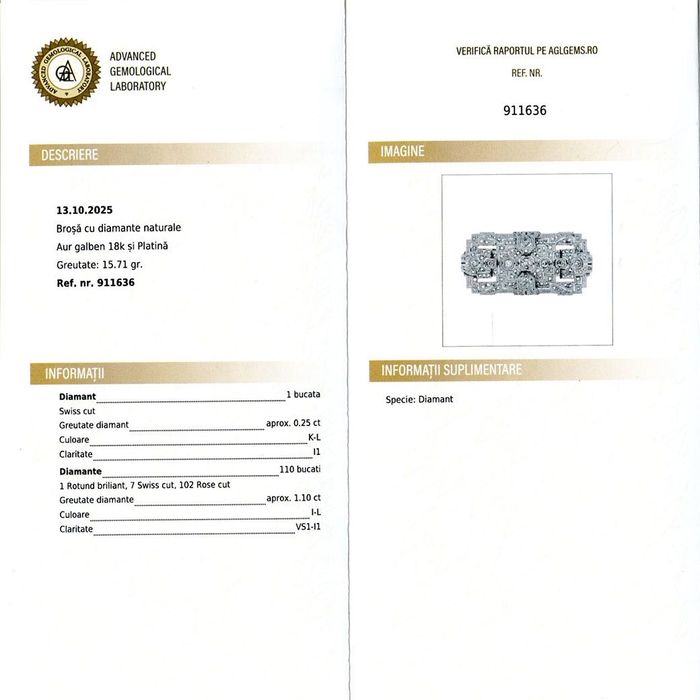 brosa autentica Art Deco cca 1930, platina, aur, diamante, certif.