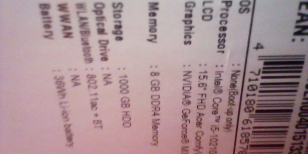 ACER A315 i5-10210U/ DDR4 8GB/ HDD 1000GB/ NVIDIA GeForce MX230 2GB/ 1