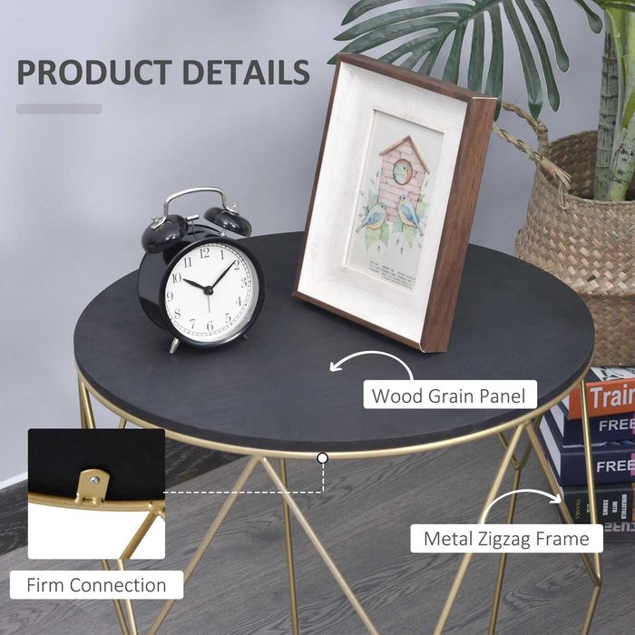 Masuta Rotunda Design Geometric din Metal si MDF Negru si Auriu , HOMCOM