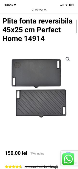 Plita fonta reversibila 45x25 cm Perfect Home 14914