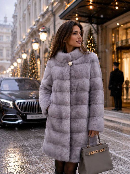 Haină de Nurcă , Vizon , Blană de Lux , Culoare Gri , Mărime L–XL Saga Mink