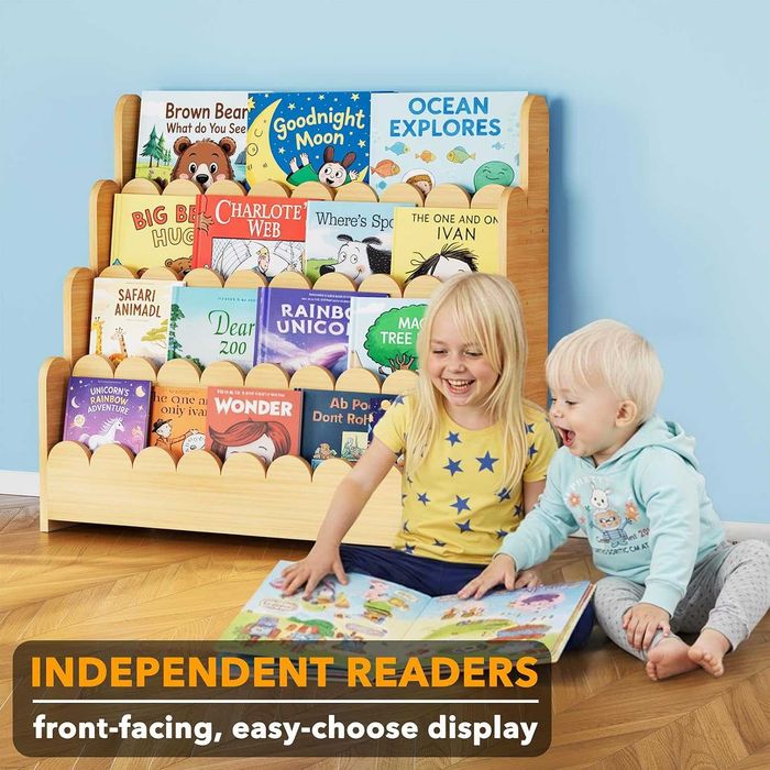 Етажерка за книги с фестон, Монтесори библиотека дървен естествен цвят