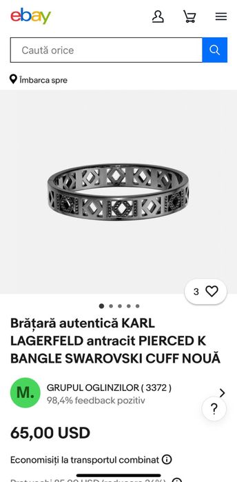 Bratara autentica KARL LAGERFIELD antracit Pierced k Bangle swarovski,
