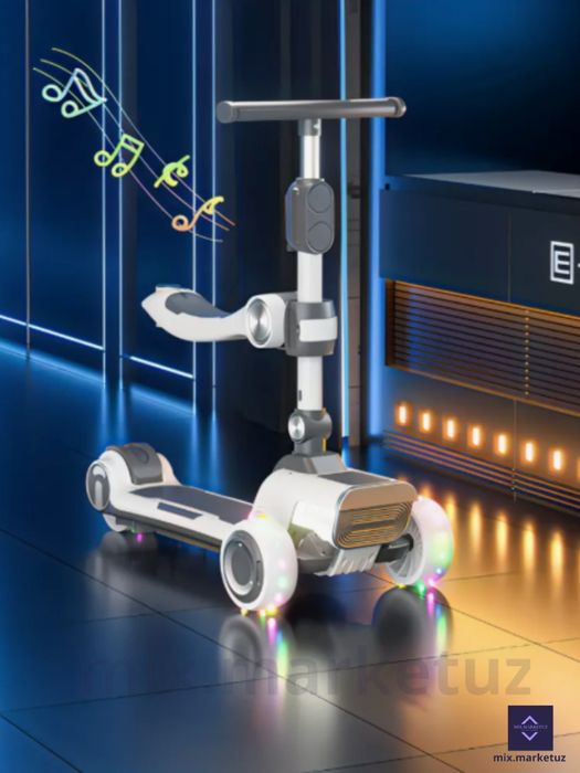 Электросамокат детям 3-10 лет. 8км запас хода. Блютуз музыка, подсвет.