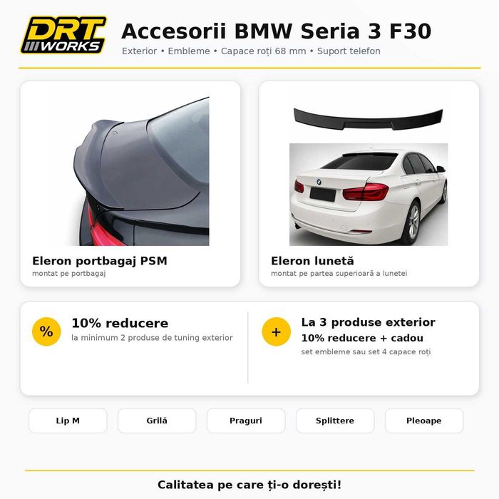 Accesorii BMW Seria 3 F30 Sedan | Eleroane Lip Praguri Grila Pleoape Embleme Capace Tuning DRT WORKS