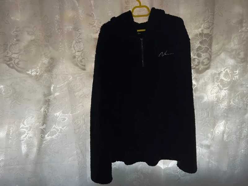 Mainfolk Men's Navy Blue Reversible Fleece Letter Embroidered Long Sleeve Hoodie