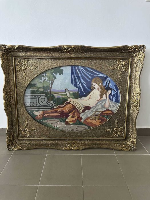 Tablou goblen mare cusut manual cu ramă aurie