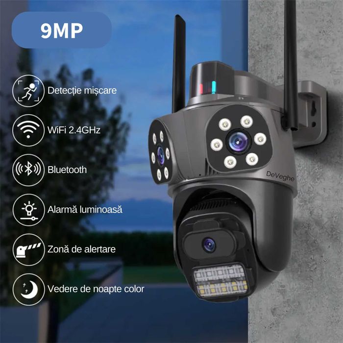 LICHIDARE! Cameră de supraveghere triplă WiFi T31, 9MP, Full HD, zoom 5x + card de memorie 64GB