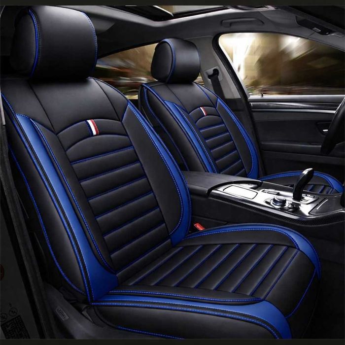 Луксозна универсална кожена тапицерия - черна или черна със син шев